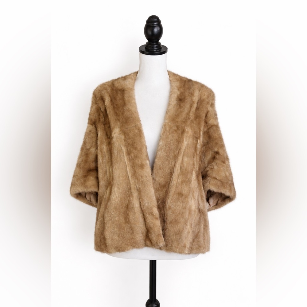 Vintage Genuine Fur Tan Cape Stole Mob Wife Old Hollywood Shawl Glam Mid Century